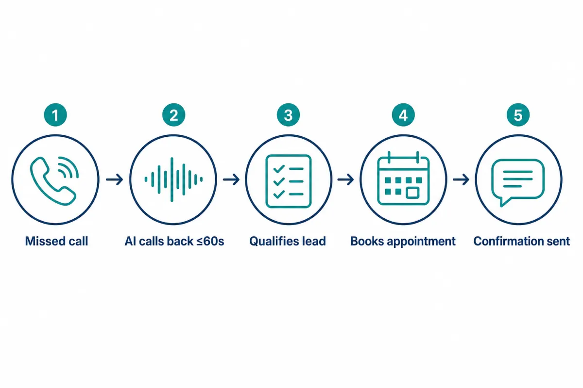 Five-step flow diagram showing missed call to AI callback in seconds to lead qualification to appointment booking to confirmation text